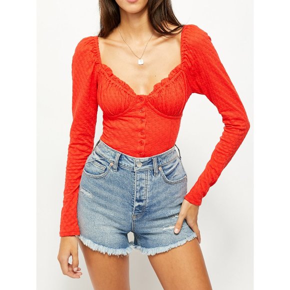 NWT Free People Ladybug Long Sleeve Top/ Flame Red - Picture 2 of 4